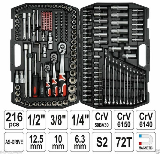 Yato Werkzeugkoffer Set 216tlg Ratschen Steckschlüssel 1/4" 1/2" 3/8" Langnüsse