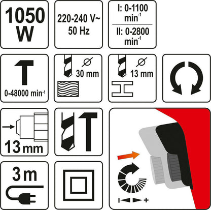 Yato YT-82044 Schlagbohrmaschine 1050W 13mm Schnellspannbohrfutter 0-2800 U/Min