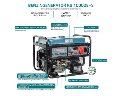 Notstromaggregat KS10000E3 Stromerzeuger Generator Benzin 8KW 230V 400V 16A