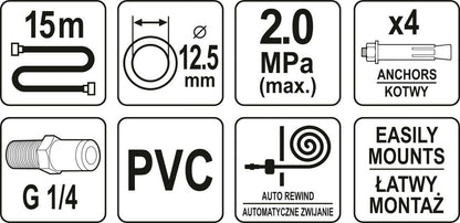 Yato Druckluft Schlauchtrommel 1/4" 12,5mm Automatik Schlauchaufroller 15m Spule