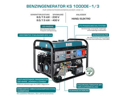 Notstromaggregat KS10000E-1/3 Stromerzeuger VTS Generator Benzin 8KW 230V 400V