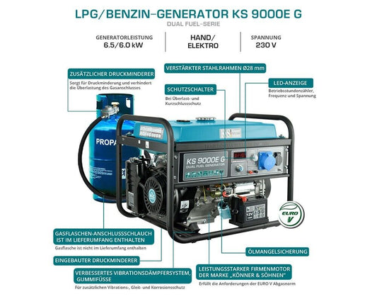 Notstromaggregat Dual LPG Gas Benzin 6,5KW Stromerzeuger Stromgenerator KS9000EG