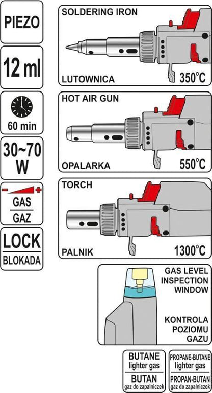 YATO YT-36704 Mini Gaslötkolben Piezo Lötbrenner 3in1 Lötgerät 1300°C Lötkolben
