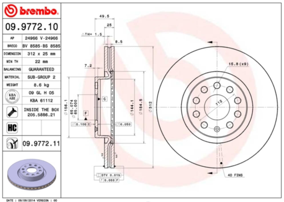 Brembo Coated Disc Bremsscheibe Beschichtet vorn  09977211 Audi Seat VW Skoda