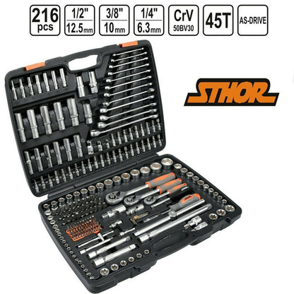 STHOR Werkzeugkoffer Set 216tlg Ratschen Steckschlüssel 1/4" 1/2" 3/8" Langnüsse